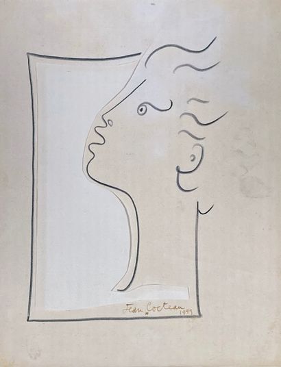 Jean COCTEAU (1889-1963)
Profil d'homme, 1959.
Crayon gras et encre sur papier découpé... Gazette Drouot