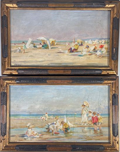  Paul Michel DUPUY (1869-1949)
Scènes de plage. 
Paire d'huiles sur toiles signées... Gazette Drouot