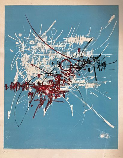  Georges MATHIEU (1921-2012)
Composition en noir, blanc, rouge.
Eau forte signée... Gazette Drouot