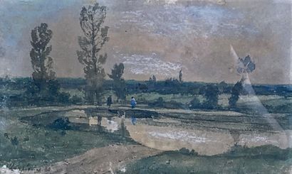  Henri Joseph HARPIGNIES (1819-1916)
Au bord de l'étang, 1880.
Aquarelle signée et... Gazette Drouot