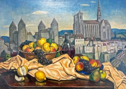  André MAIRE (1898-1984)
Semur et les fruits.
Huile sur isorel signé et daté 197(2?)... Gazette Drouot