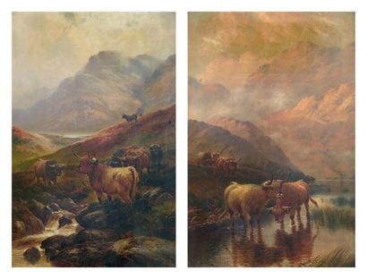 HARRY HALL (1814 - 1882) Highland Cattle. Deux toiles signées et titrées, une signée...