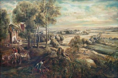 Henri PELLETIER (XX) Scène de chasse. Huile sur toile signée en bas à droite. 65...