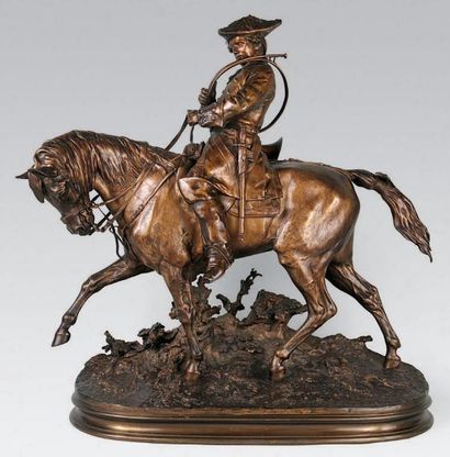 Pierre-Jules Mene (1810-1879) Veneur Louis XV à cheval. Epreuve en bronze à patine...