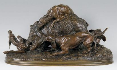 Pierre-Jules Mene (1810-1879) Chasse au sanglier. Epreuve en bronze à patine brun...