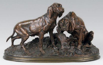 Pierre Jules MENE (1810-1879) Les chiens saintongeois. Epreuve en bronze à patine...