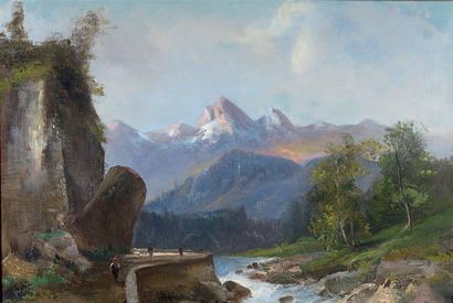 Emile GODCHAUX (1860-1938) Paysage de montagnes. Huile sur toile signée en bas à...