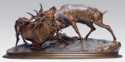 PIERRE JULES MÈNE (1810 - 1879) Combat de cerfs. Importante épreuve en bronze à patine...