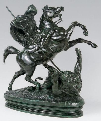 Antoine Louis BARYE (1795-1875) Cavalier arabe tuant un lion. Epreuve en bronze à...