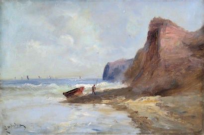 Emile GODCHAUX (1860-1938) Le Pêcheur. Huile sur toile signée en bas à gauche. (Restaurations)....