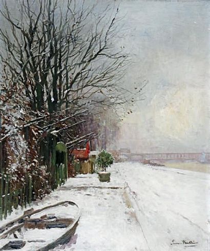 Pierre VAUTHIER (1845-1916) Les bords de Seine sous la neige. Huile sur toile signée...