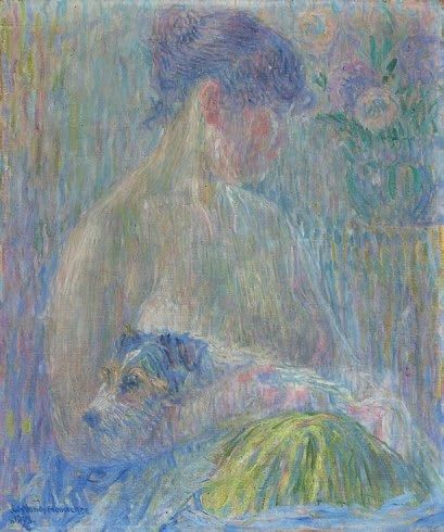 William MALHERBE (1884-1951) Femme assise un petit chien sur les genoux, 1913. Huile...