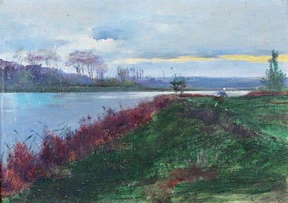 HENRY ÉMILE VOLLET (1861-1945) Promeneuse au coucher du soleil. Huile sur toile signée...