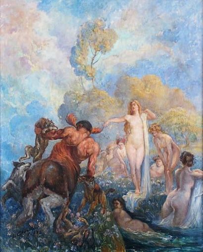 Lucien CHANTERELLE (1890 -?) Scène mythologique. Huile sur panneau. 41 x 33 cm