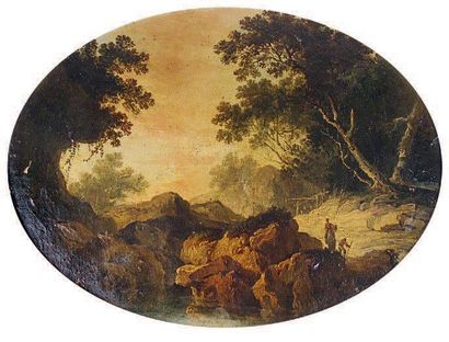 Jean PILLEMENT (1728 - 1808) (Attribué à) Paysage animé. Huile sur carton à vue ovale....