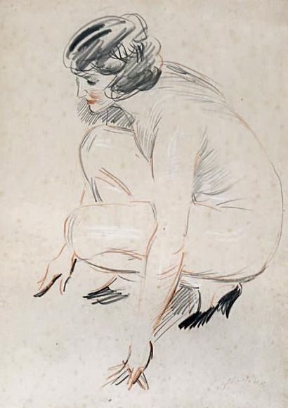 Paul César HELLEU (1859 - 1927) Etude de nu: Diane Mitford accroupie? Crayon noir...