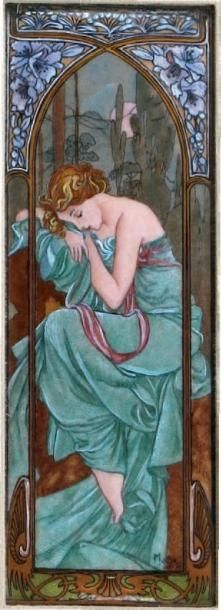 Alphonse MUCHA (1860 - 1939) Jeune femme endormie. Email peint signé et daté 99....