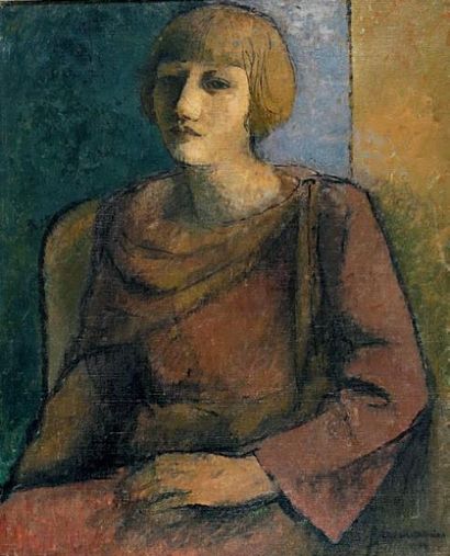 Thérèse Debains (1907 - 1975) Portrait de jeune femme, 1924. Huile sur toile signée...