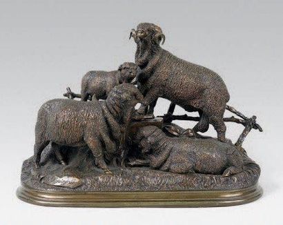 Jules moigniez (1835 - 1894) Les Merinos. Epreuve en bronze à patine brun nuancé....