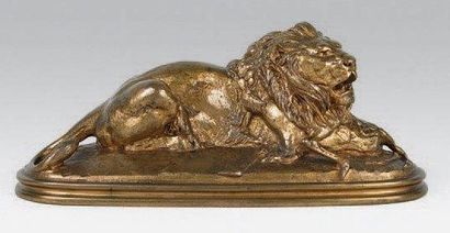 Antoine Louis BARYE (1795-1875) Lion dévorant un guib. Epreuve en bronze à patine...