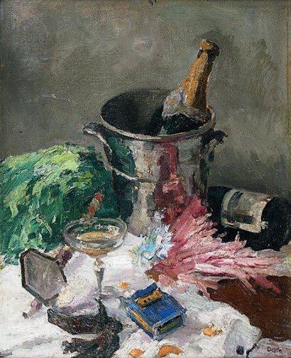Auguste Théodore DESCH (1877-1924) Nature morte au seau de champagne. Huile sur toile...