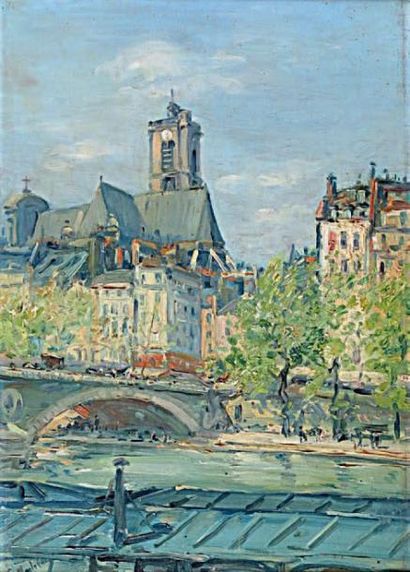 Gustave MADELAIN (1867-1944) Pont de Paris Huile sur panneau signée en bas à gauche....