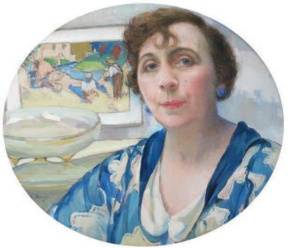M. BURDY Portrait de femme. Pastel et gouache marouflé sur toile signé en bas à gauche....