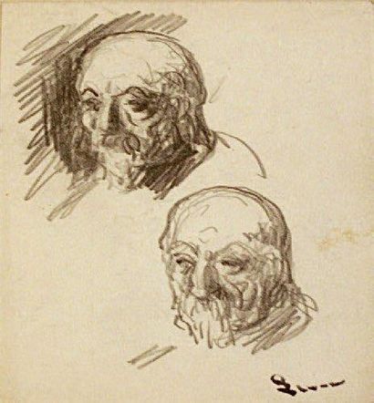 Maximilien LUCE (1858 - 1941) Etude: Portraits d'homme. Dessin à la mine de plomb....
