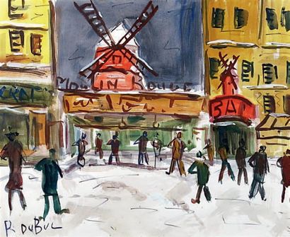 Roland DUBUC (1924 - 1998) Devant le moulin rouge. Gouache signée en bas à gauche....