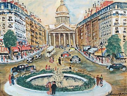 Lucien GENIN (1894 - 1953) Le Panthéon, la rue Soufflot. Gouache signée en bas droite....