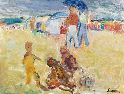 Henri SAADA (1906-1976) Enfants jouant sur la plage. Huile sur carton signée en bas...
