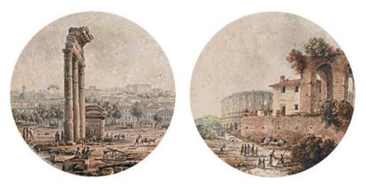 NICOLLE (attribué à) Vues de Rome (Colisée, Temple de Jupiter). Paire de miniatures...