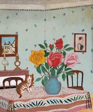 Martin AUBERT (XX) Intérieur au chat et au bouquet de roses. Bois gravé et peint....