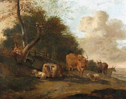 ÉCOLE HOLLANDAISE DU XVIIE Paysan et son troupeau. Peinture sur panneau. 47 x 55...