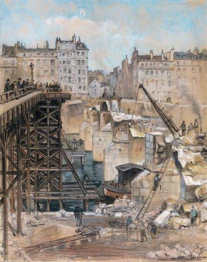 Pierre Antoine CLUZEAU (1884 - 1963) Démolition du pont de la Tournelle. Dessin à...