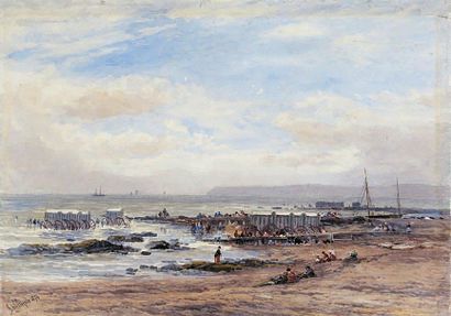 John STEEPLE (1823 - 1887) Sur la plage 1874. Aquarelle signée et datée en bas à...