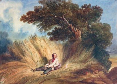 Jules VEYRASSAT (1828 - 1893) Le fumeur dans le foin. Aquarelle. 39 x 53 cm