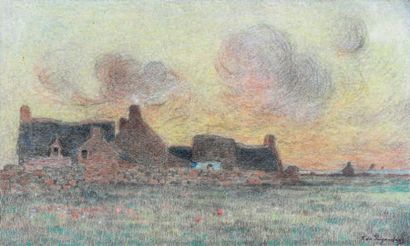 Ferdinand du PUIGAUDEAU (1864 - 1930) Hameau breton près de la mer. Dessin aux crayons...