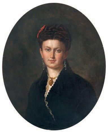 École du XIXe siècle Portrait de femme au ruban rouge et au médaillon. Huile sur...