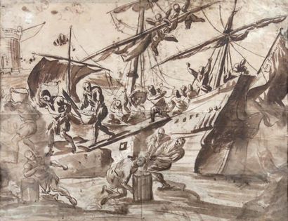 École NAPOLITAINE du XVIIe siècle Déchargement de bateaux à quai. Verso: feuille...