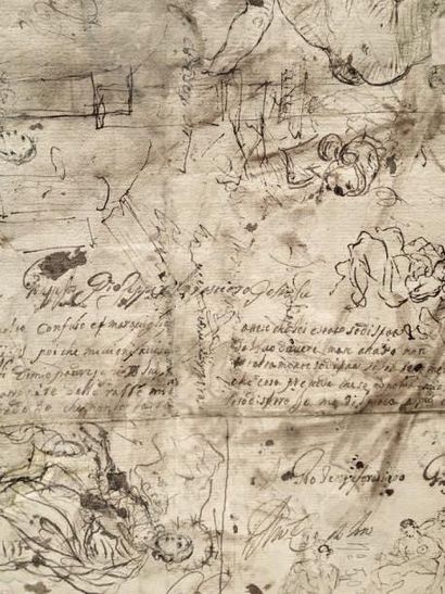 École NAPOLITAINE du XVIIe siècle Déchargement de bateaux à quai. Verso: feuille...