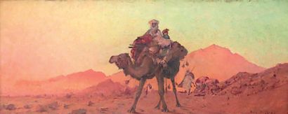 Eugène DESHAYES (1828 - 1890) La caravane au coucher du soleil. Huile sur panneau...