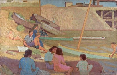Etienne BOUCHAUD (1898 - 1989) La petite plage à Marseille. Huile sur toile signée...