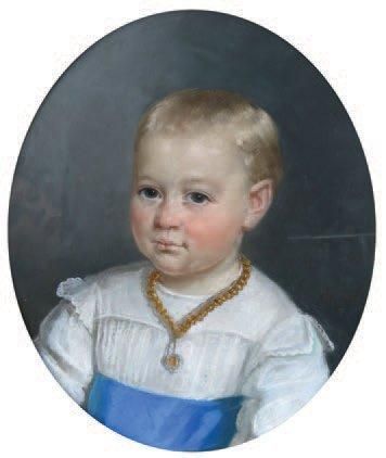 École du XIXe siècle Portrait d'enfant à la médaille et ceinture bleue. Pastel à...