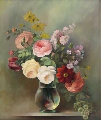 Jacques PETIT (Né en 1925) Nature morte aux fleurs et raisins. Huile sur toile signée...