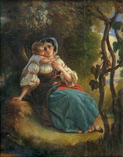 École du XIXe siècle Femme à l'enfant. Huile sur panneau. 27 x 22,5 cm