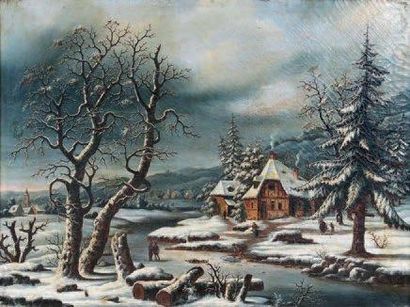 École HOLLANDAISE du XIXe siècle La rivère en hiver. Huile sur toile. 52 x 70 cm...