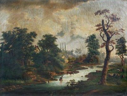 École Française du XIXe siècle Paysage à la rivière. Peinture sur toile. 53 x 70...