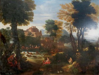 Ecole FRANCAISE vers 1800 Scène mythologique dans un paysage. Importante peinture...