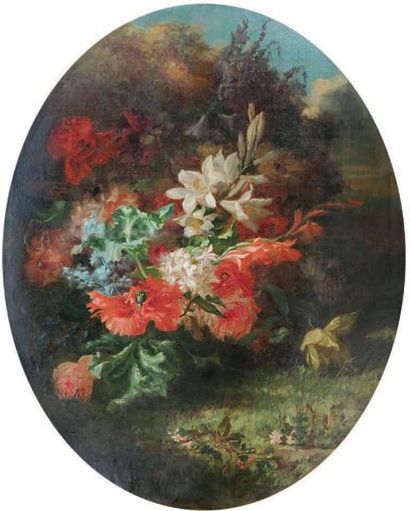 Henry Georges TODD (1846/47 - 1898) Le bouquet, 1858. Huile sur toile à vue ovale,...